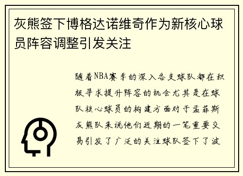 灰熊签下博格达诺维奇作为新核心球员阵容调整引发关注