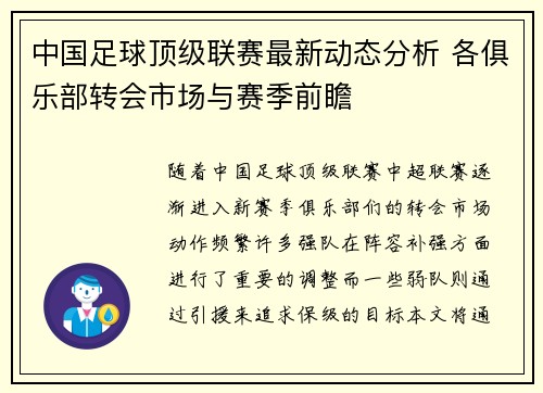 中国足球顶级联赛最新动态分析 各俱乐部转会市场与赛季前瞻