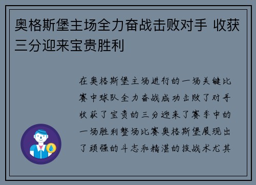 奥格斯堡主场全力奋战击败对手 收获三分迎来宝贵胜利