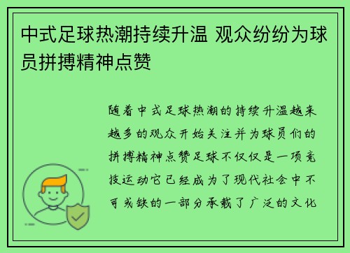 中式足球热潮持续升温 观众纷纷为球员拼搏精神点赞